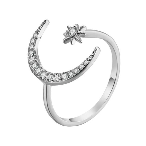 Celestial Crescent Moon Star Silver Tone Crystal Adjustable Ring NWT - Picture 1 of 13